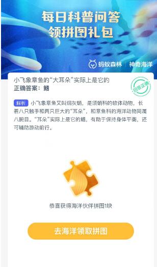 蚂蚁森林神奇海洋10月7日：小飞象章鱼的大耳朵实际上是它的[图3]