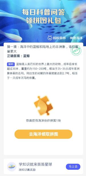 蚂蚁森林神奇海洋10月19日：海洋中的蓝鲸和陆地上的非洲象谁的重量更大[图3]